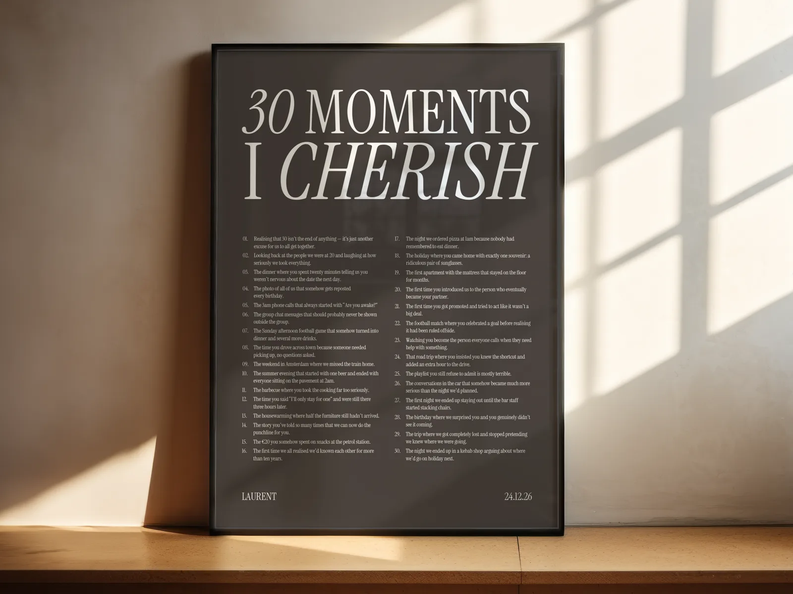 30 moments Willow poster in charcoal with a white serif title