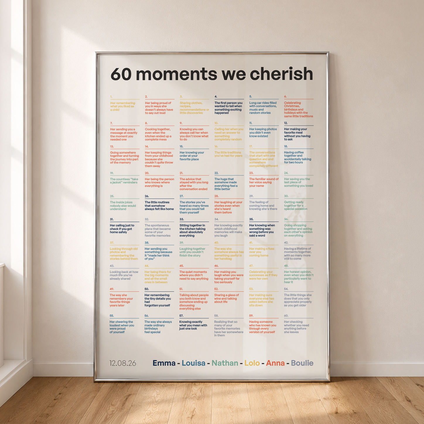 60 moments colour-coded Ledger poster, framed against a wall