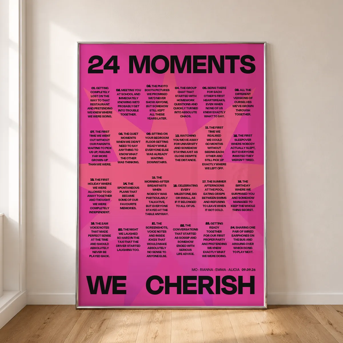 24 moments Fame poster in hot pink, framed against a wall