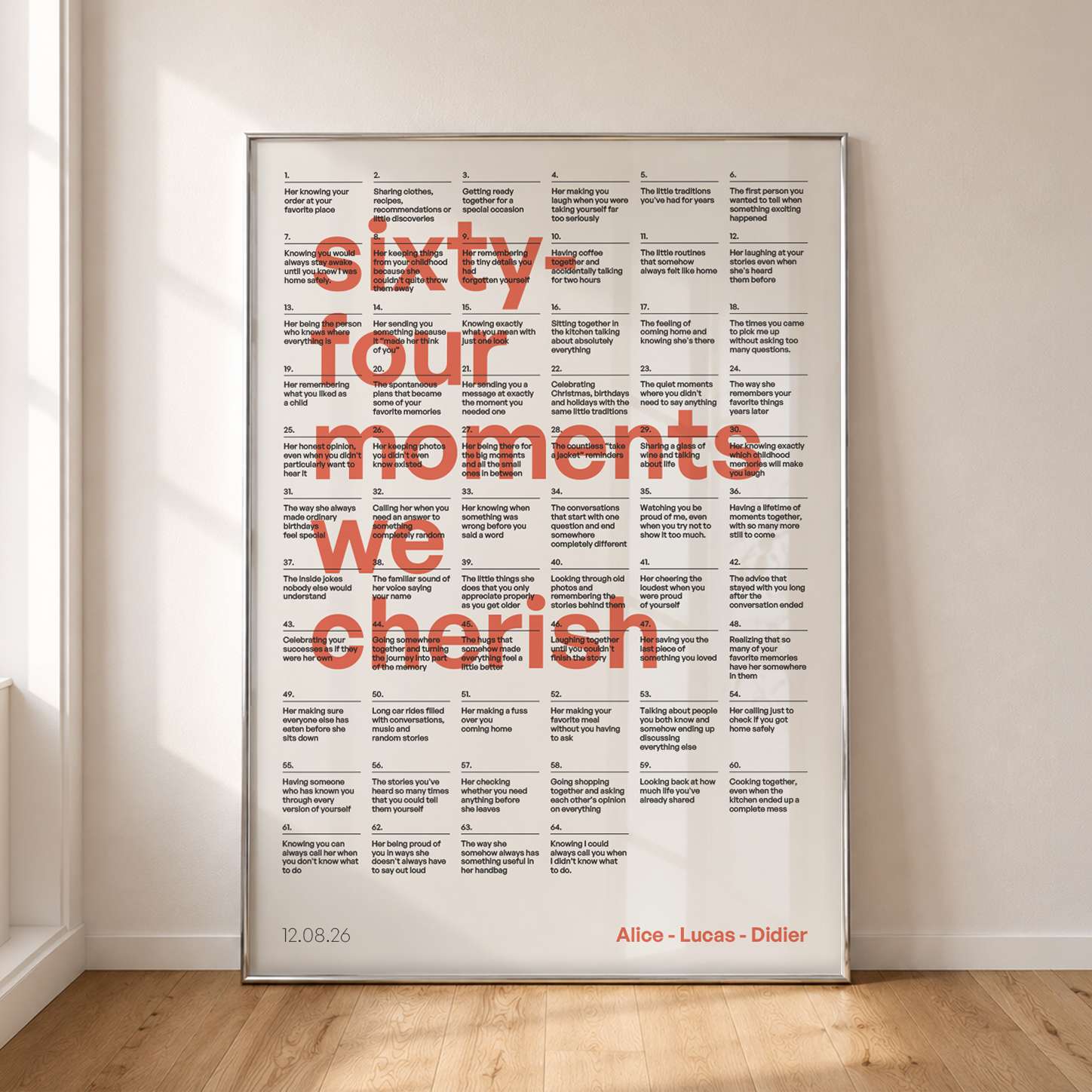 64 moments Ledger poster in red, framed against a wall