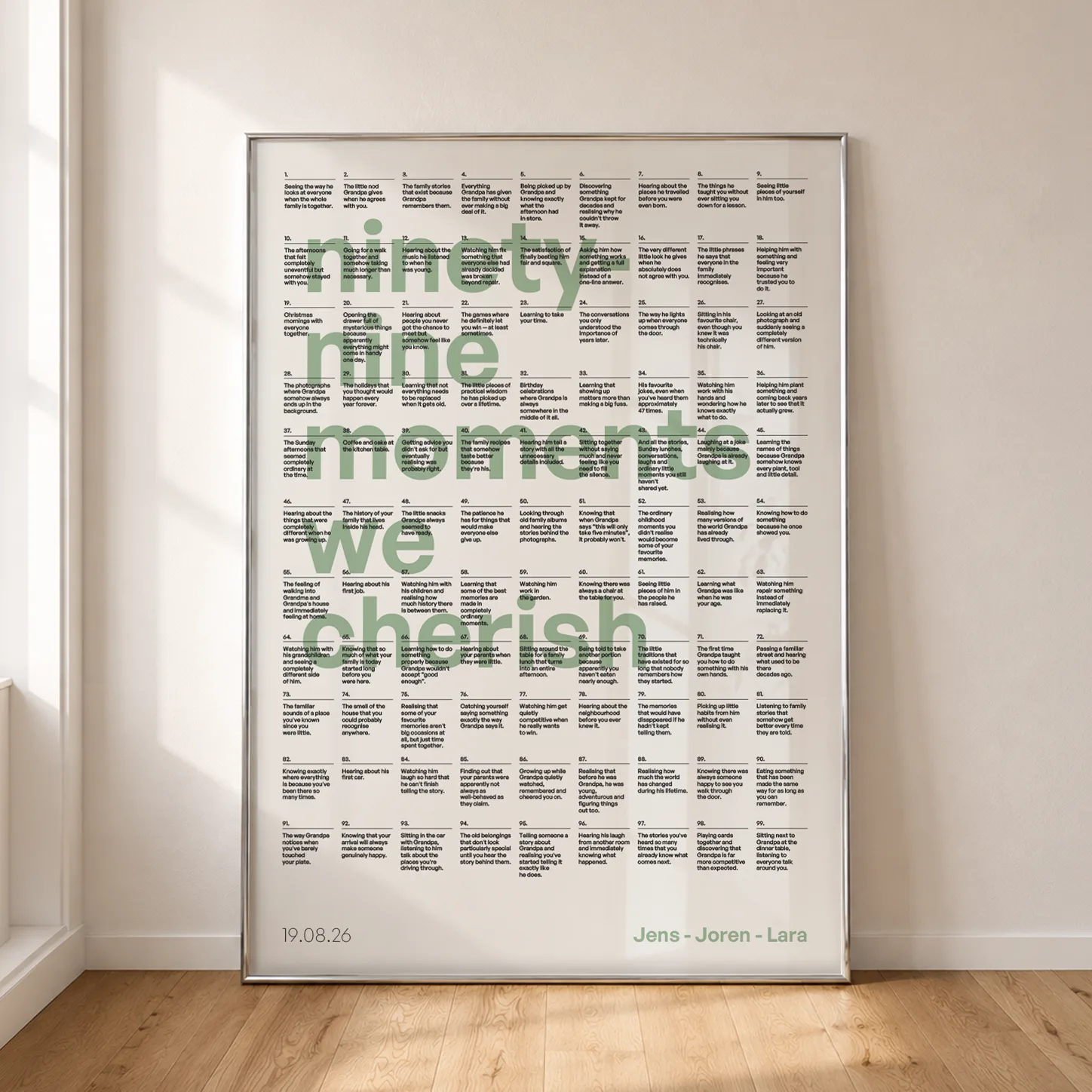 99 moments Ledger poster in green, framed against a wall