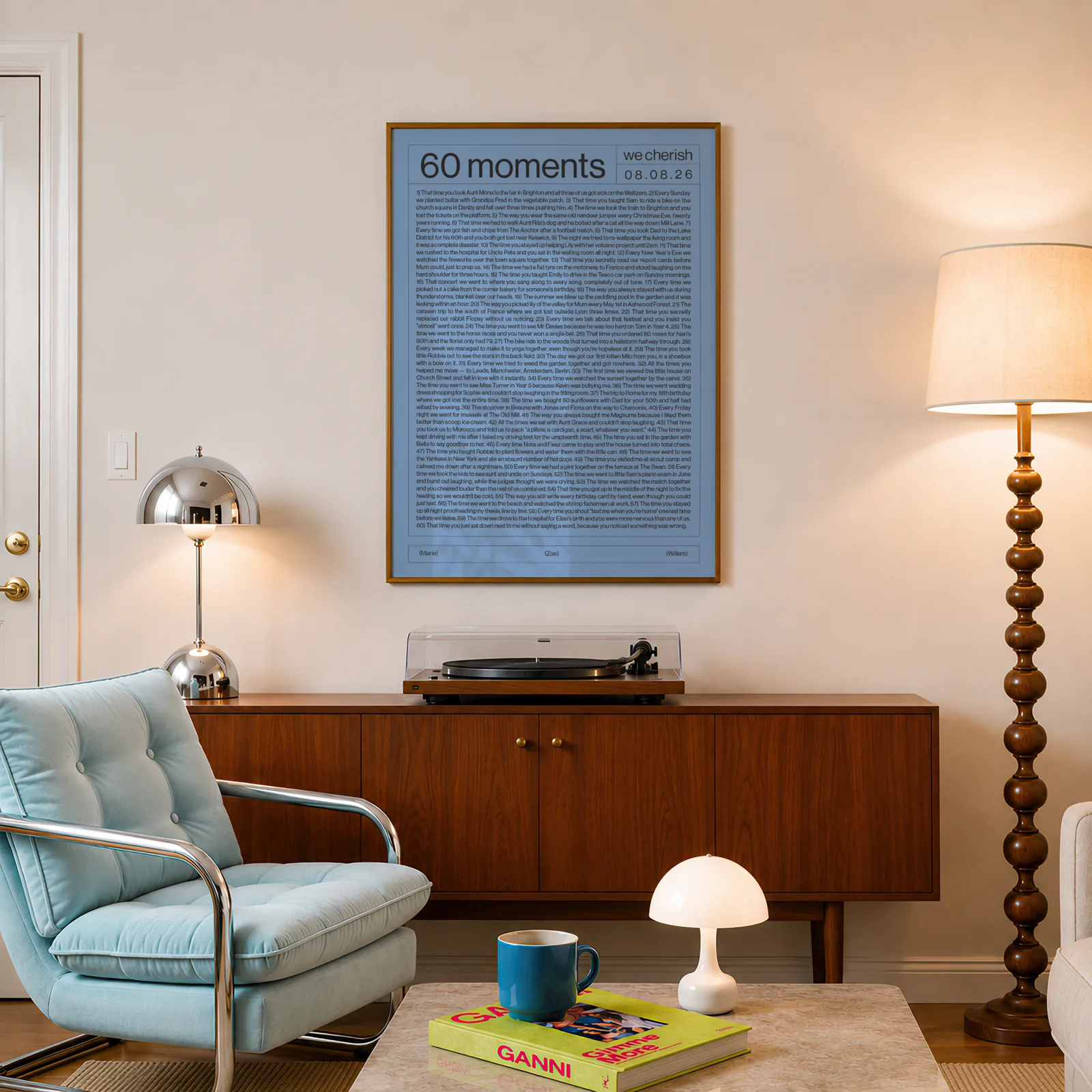 60 moments Archive poster in blue, framed in a living room