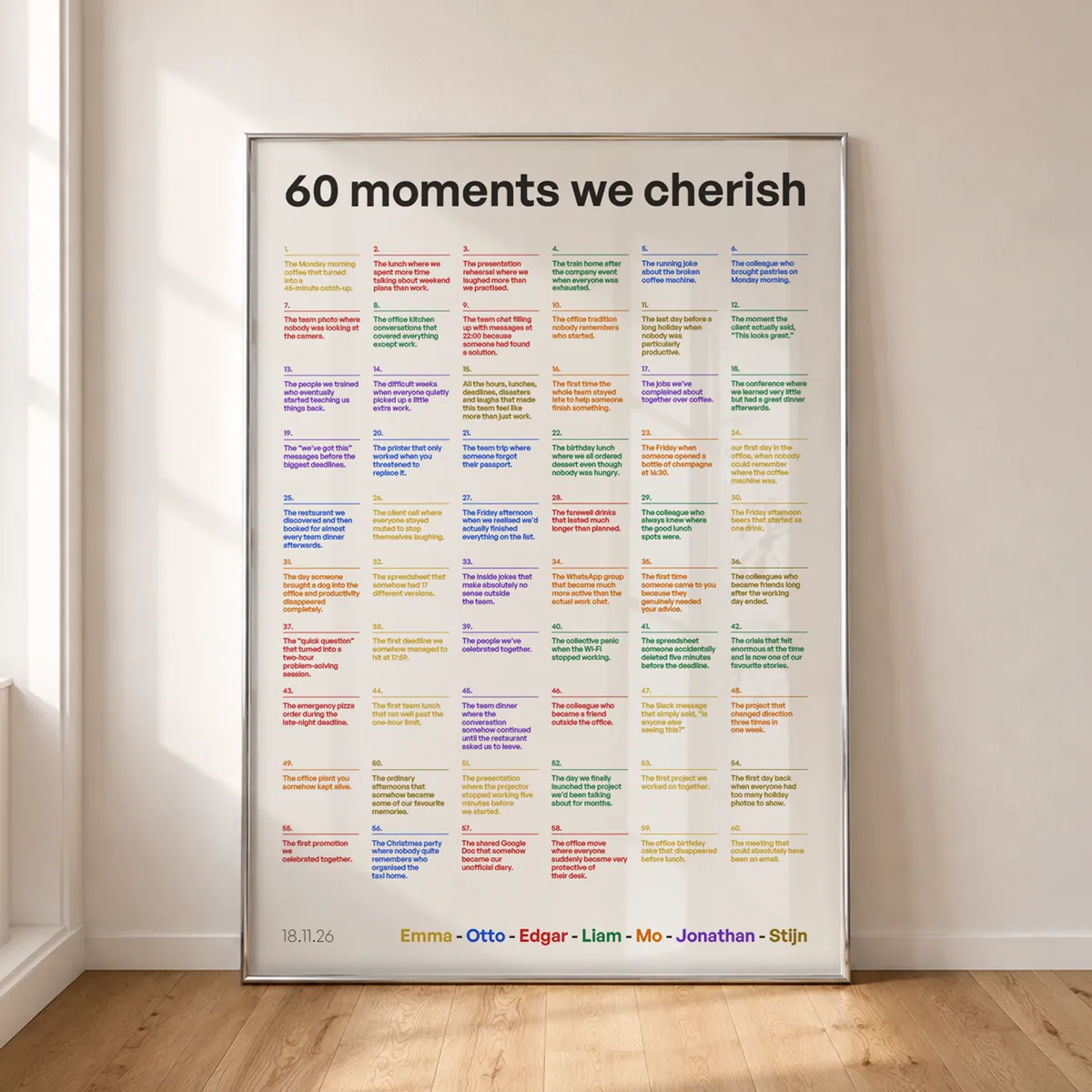 60 moments colour-coded Ledger poster, framed against a wall