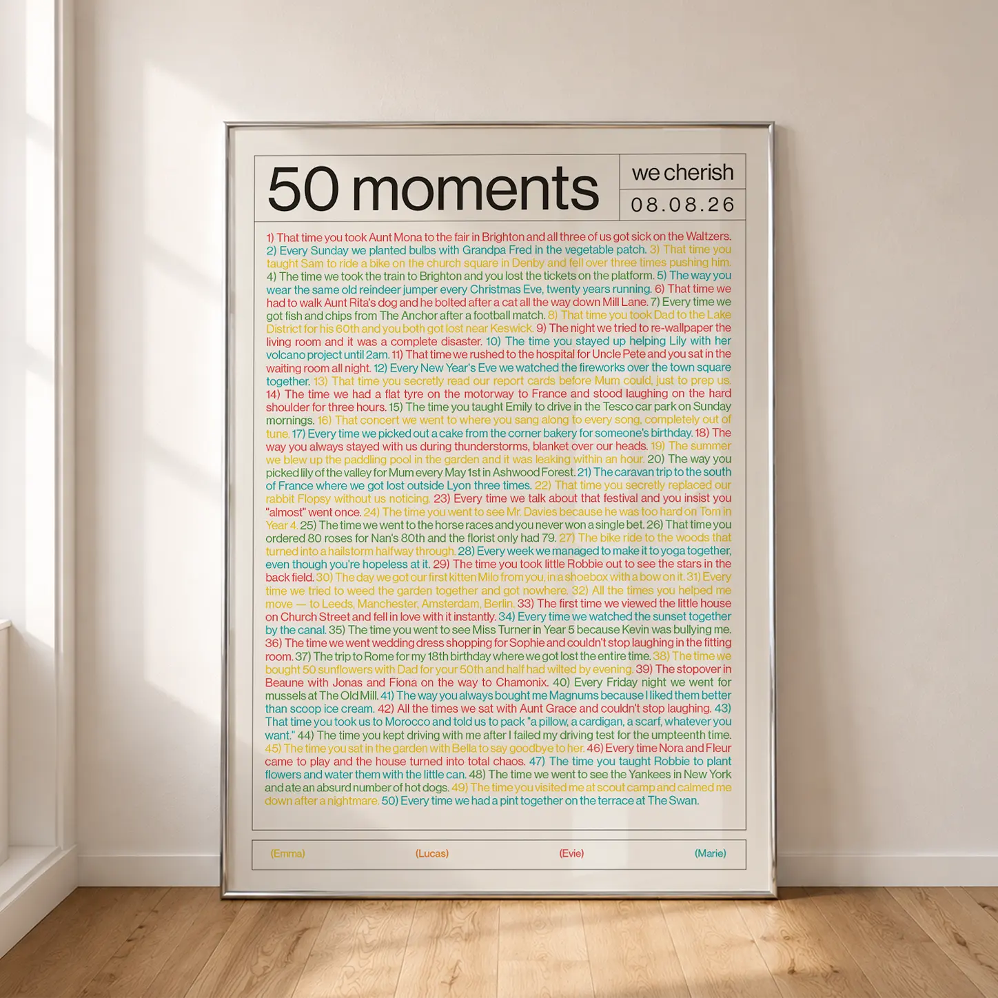 50 moments colour-coded poster, framed against a wall