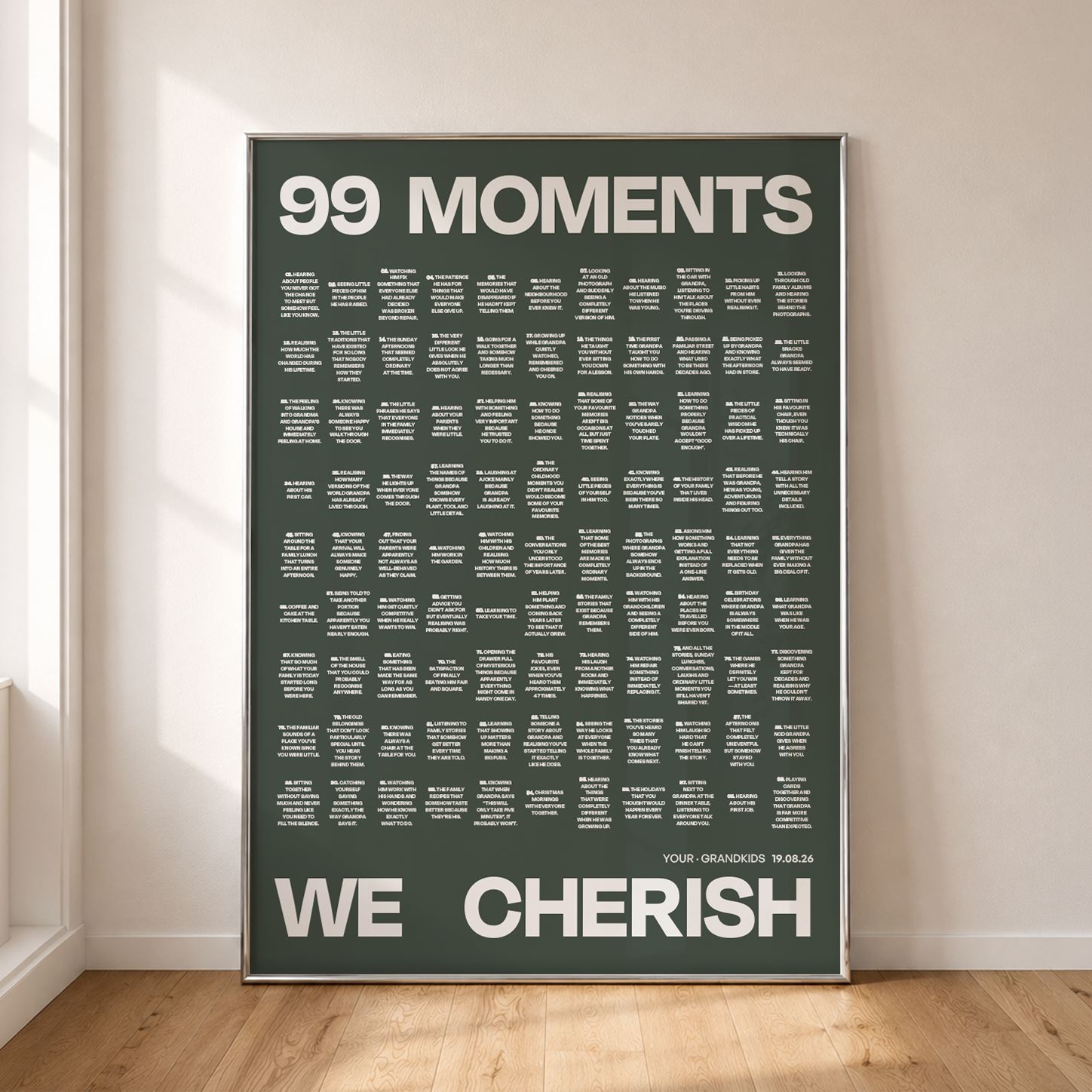 99 moments Ledger poster in deep green, framed against a wall