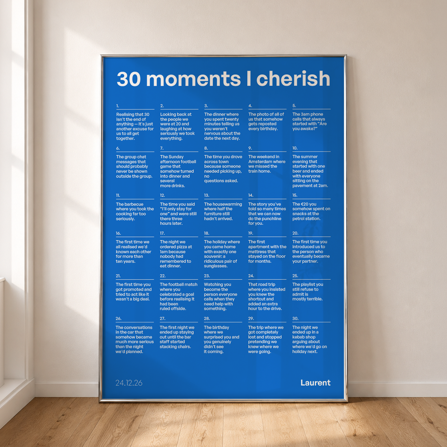 30 moments Ledger poster in electric blue, framed against a wall