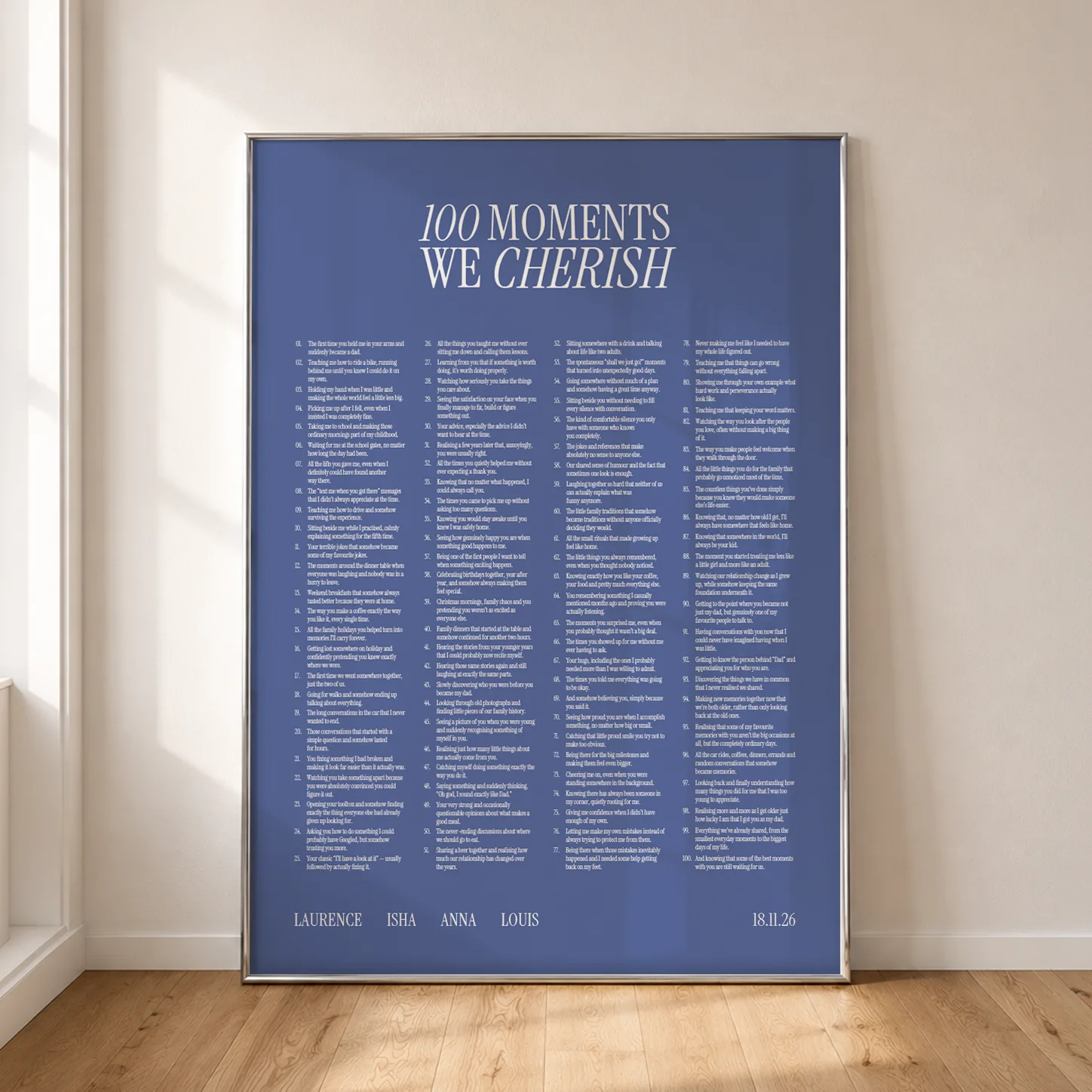 One hundred moments Willow poster with a blue background, framed against a wall